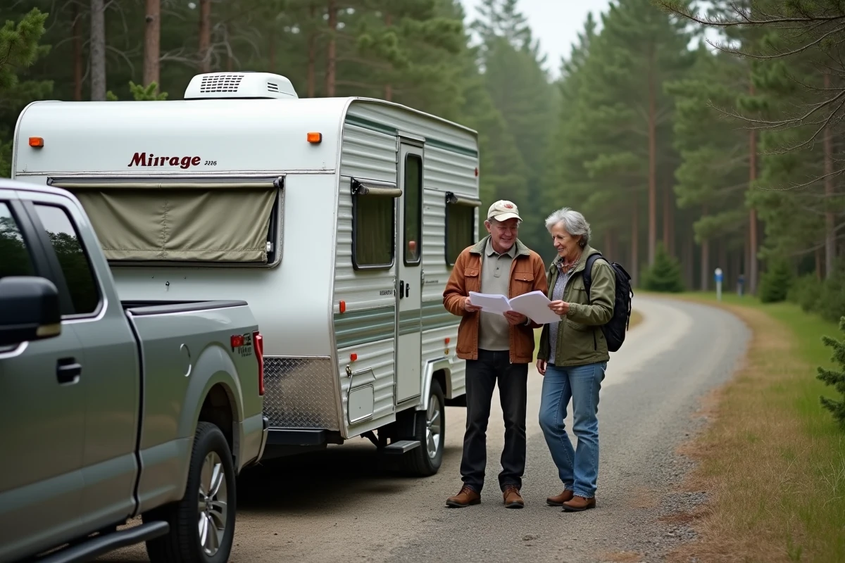 Couple de campeurs devant une caravane Mirage 2026 rénovée dans un camping provincial, vérification de la liste de service avant départ