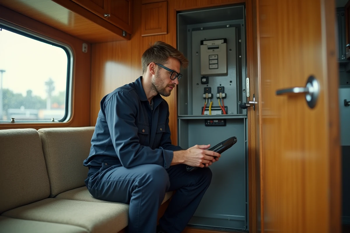 Technicien inspectant le panneau électrique d'une caravane Mirage 2026 lors d'une modernisation, intérieur vieilli avec mobilier en bois
