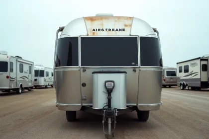 Caravane Mirage 2026 d'occasion exposée sur un lot de concessionnaire de véhicules récréatifs, extérieur en aluminium légèrement oxidé