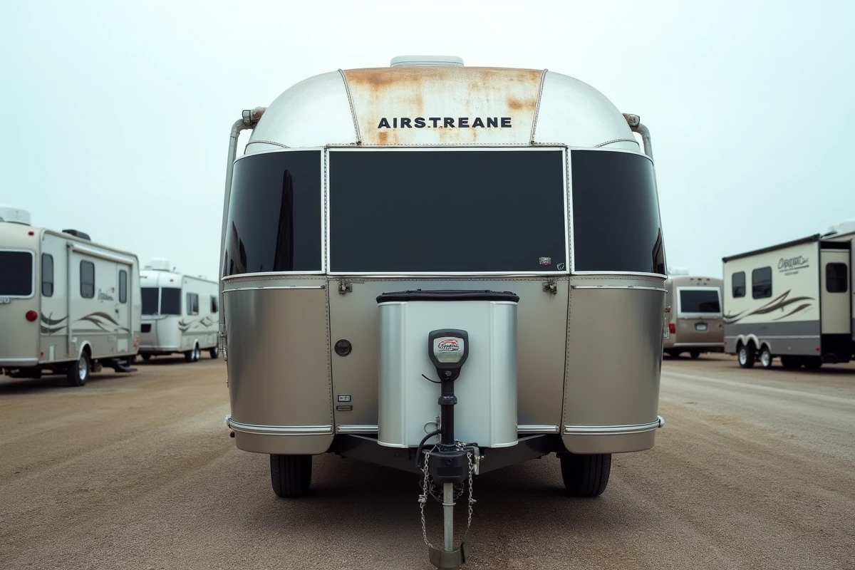 Caravane Mirage 2026 d'occasion exposée sur un lot de concessionnaire de véhicules récréatifs, extérieur en aluminium légèrement oxidé