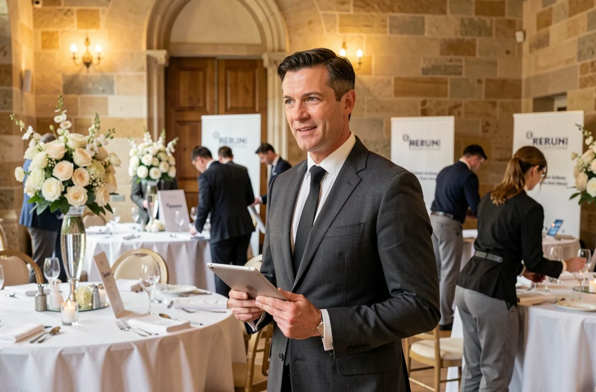 Directeur de Moment Événementiel SAS supervisant l'installation d'une salle de réception en Seine-Maritime