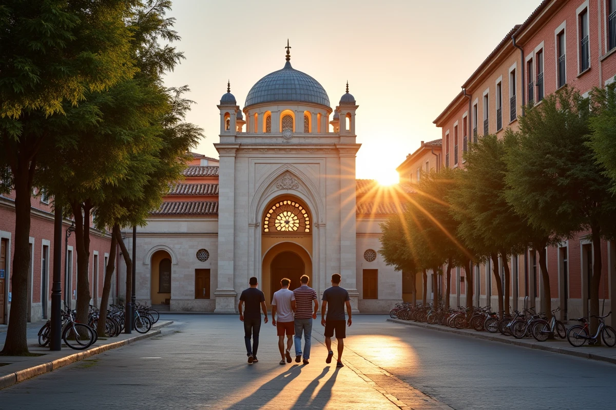 Façade de la Grande Mosquée de Toulouse au coucher du soleil en été avec des fidèles se dirigeant vers l'entrée
