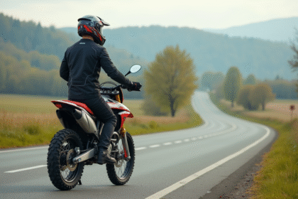 Jeune motard en veste textile sur une moto 125cc en campagne