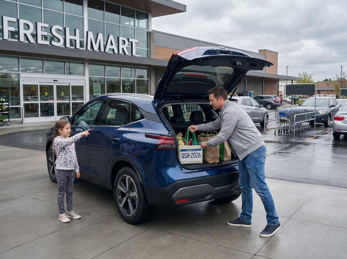 Père et fille chargeant des courses dans le coffre d'un Nissan Qashqai 2026 bleu devant un supermarché