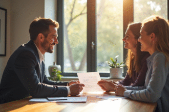 Notaire souriant en bureau moderne remettant documents de valuation