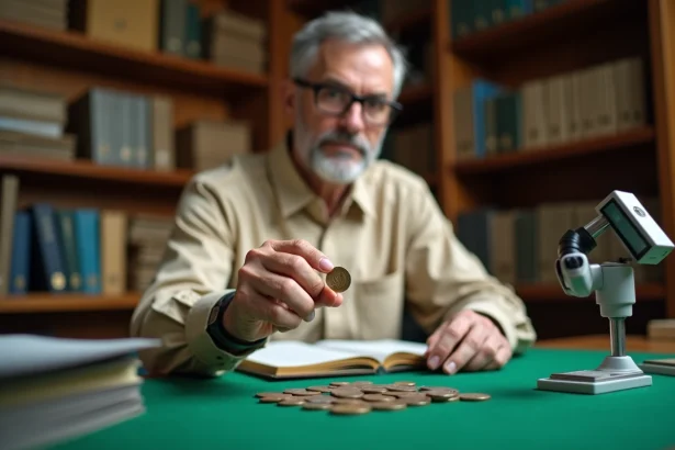 Numismate professionnel examinant une pièce de 2 euros rare avec une loupe sur une table de travail spécialisée