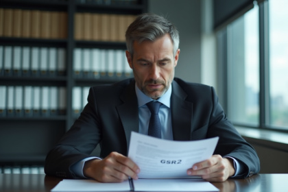 Officier conformité en costume noir vérifiant un document GSR2