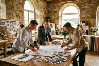 Équipe d'organisateurs d'événements en Seine-Maritime consultant des plans dans une salle de réunion élégante en Normandie
