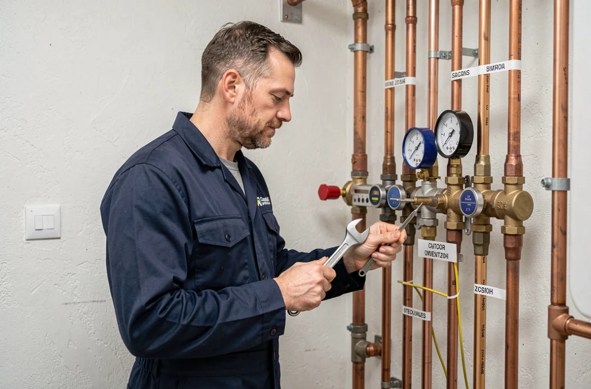 Technicien ORPAIR réglant un collecteur de chauffage hydronique dans une chaufferie résidentielle