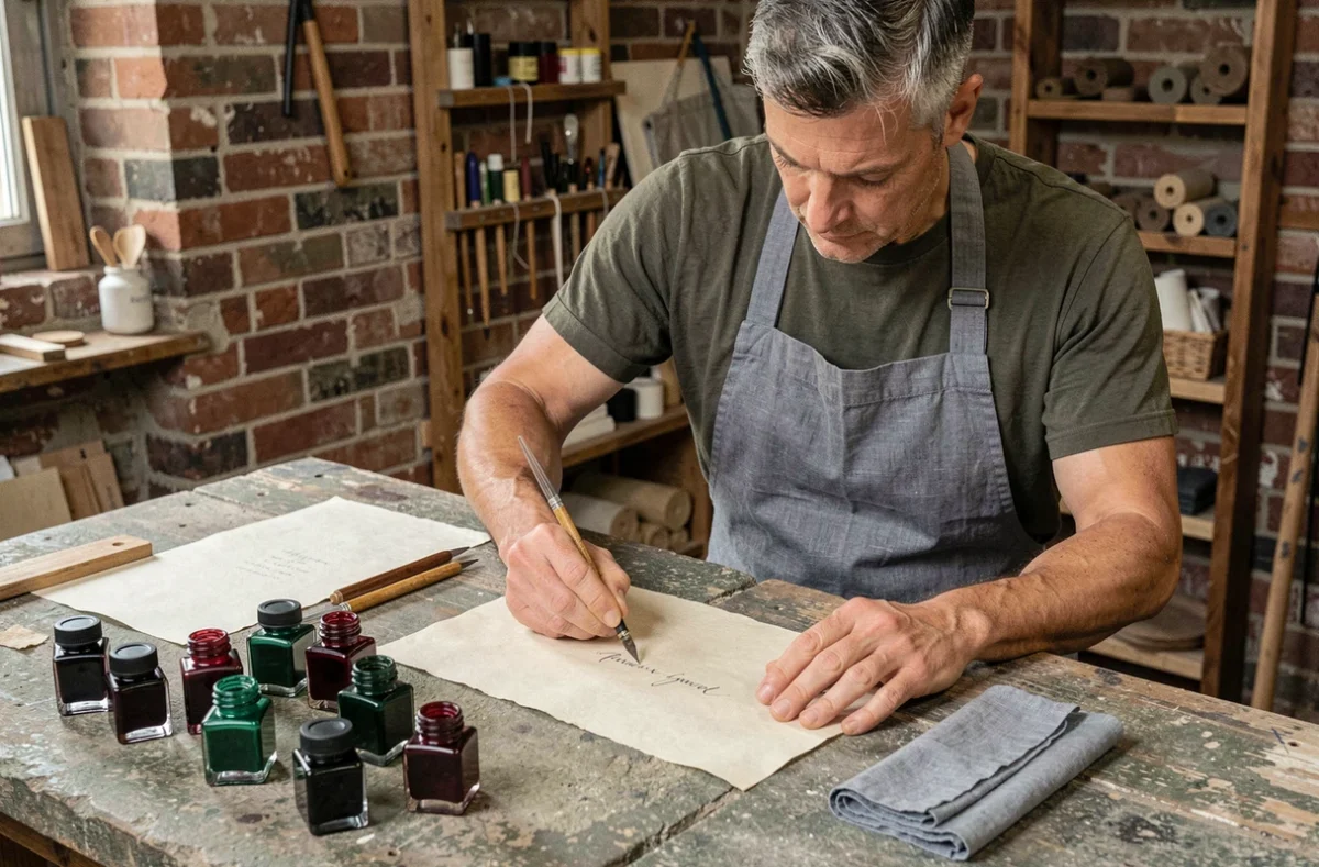 Mise à plat d'outils de calligraphie et de flacons d'encre colorée sur un plan de travail en pierre dans un atelier artisanal