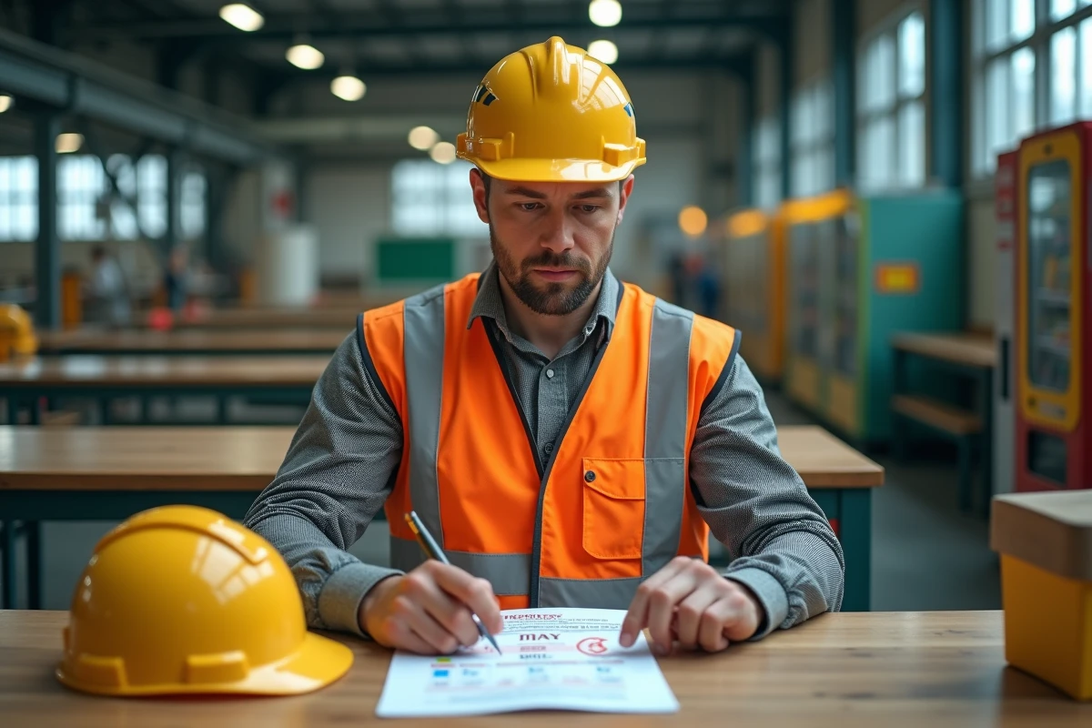 Ouvrier d'usine en gilet haute visibilité consultant son planning de travail avec les jours fériés de mai marqués, dans une cantine industrielle