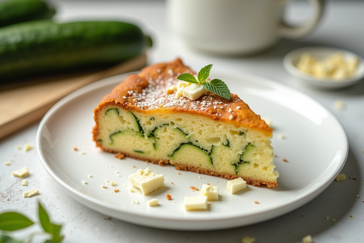 Partie de cake courgette feta sur assiette blanche