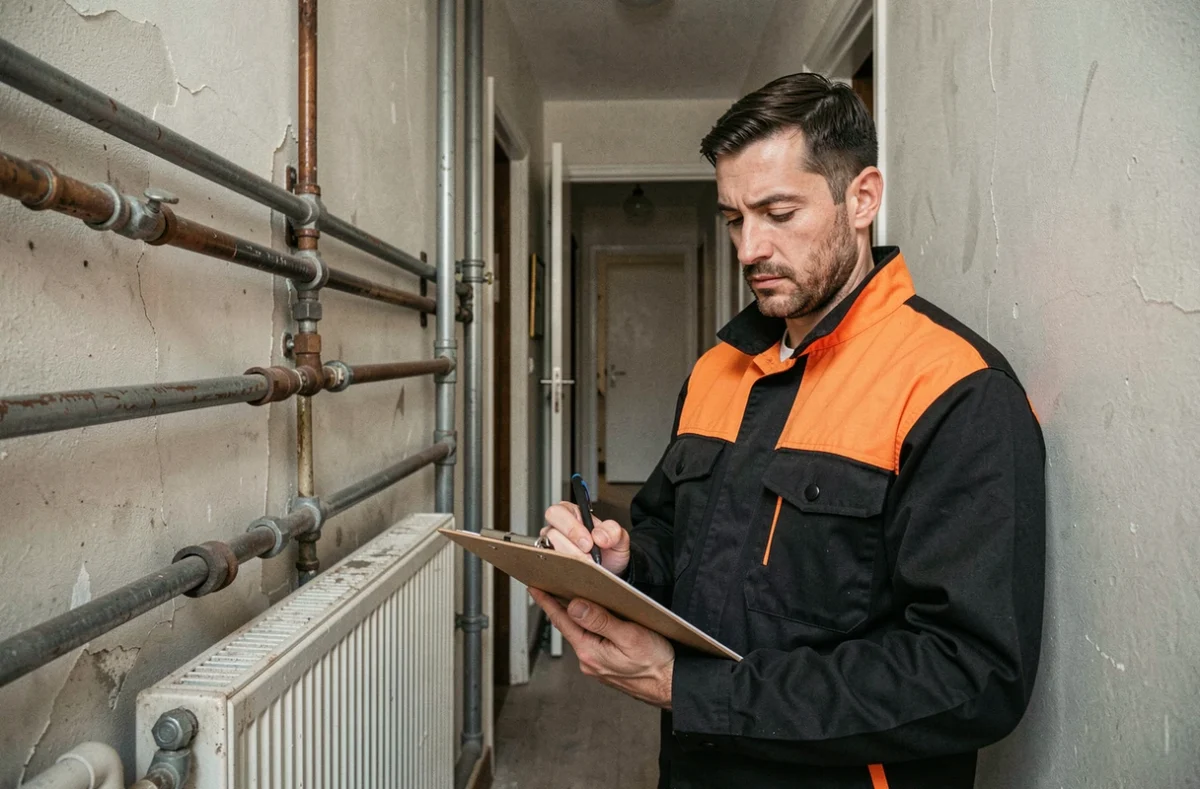 Plombier PCC inspectant des canalisations apparentes dans le couloir d'un immeuble résidentiel