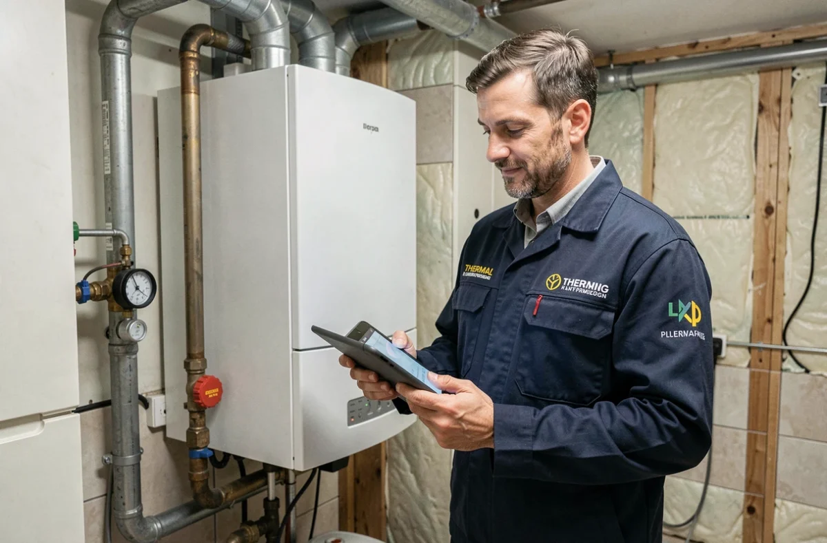Technicien PCV-THERM contrôlant une chaudière à condensation dans une chaufferie résidentielle