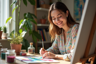 Femme souriante peignant dans son atelier lumineux
