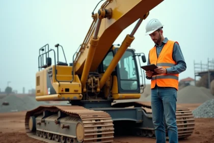 Pelle mécanique d'occasion jaune sur un chantier de construction avec un opérateur inspectant l'engin