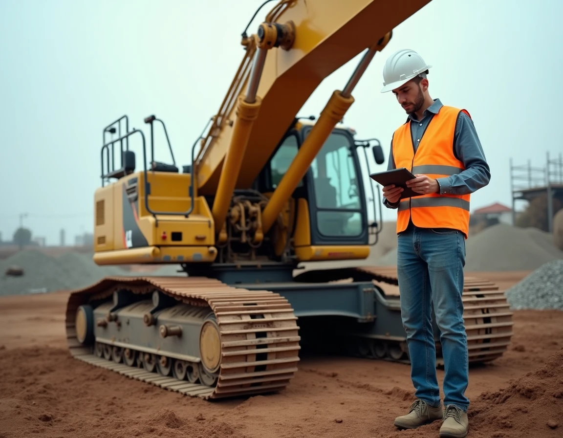 Pelle mécanique d'occasion jaune sur un chantier de construction avec un opérateur inspectant l'engin