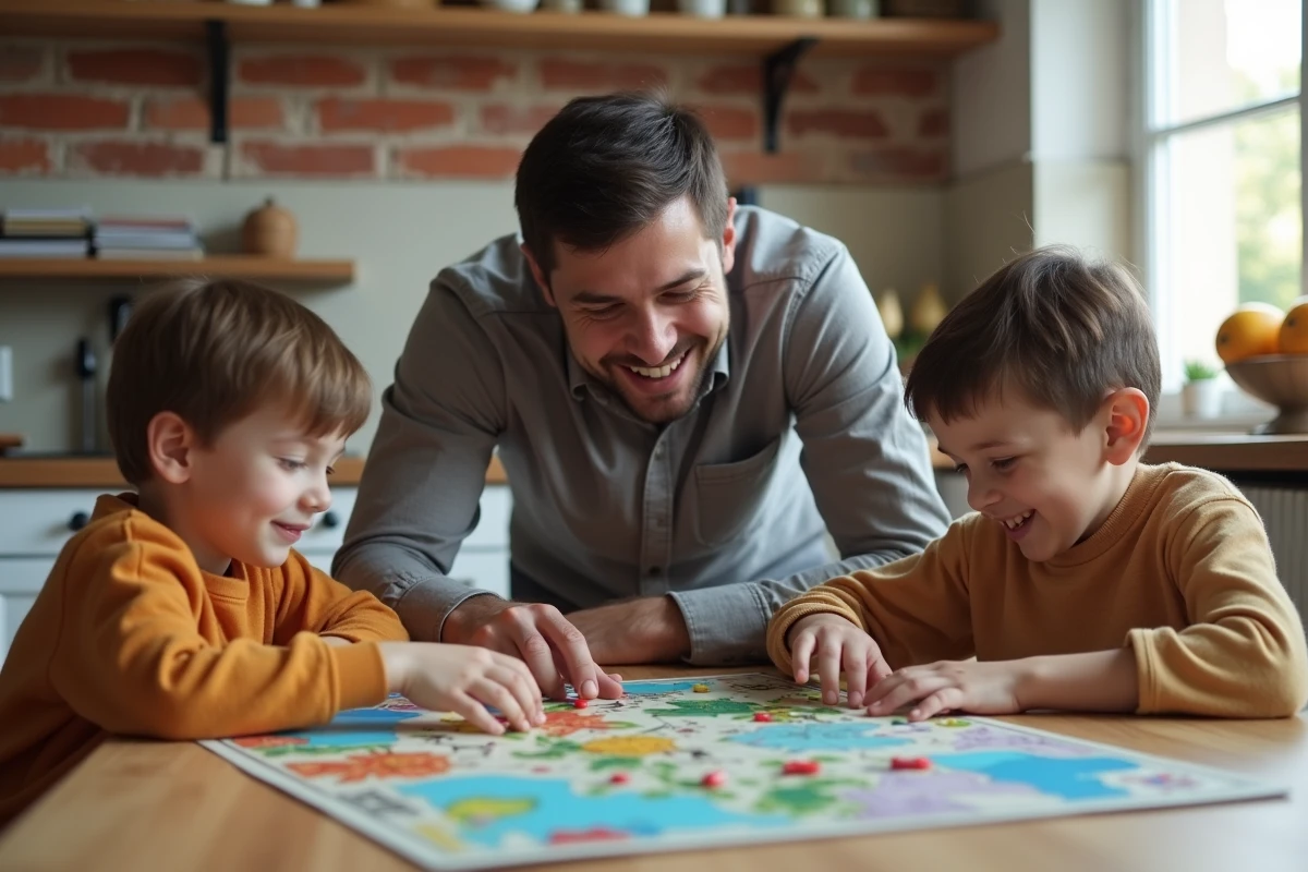 Père et ses deux enfants jouant ensemble à un jeu de plateau pédagogique dans une cuisine familiale