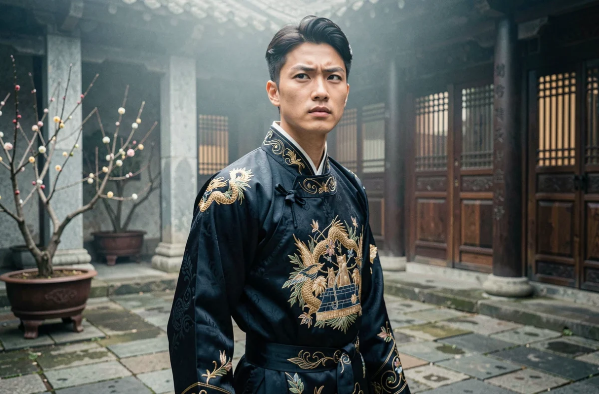 Personnage masculin en tenue hanfu traditionnelle dans une cour de palais chinois ancien, illustrant la série Invincible After Shocking My Empress Wife