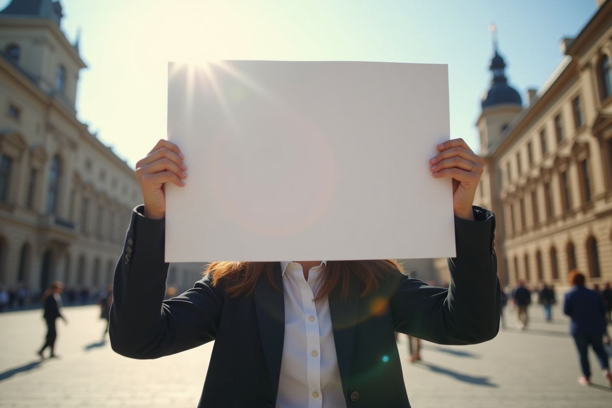 Personne tenant une pancarte blanche dans une place publique ensoleillee