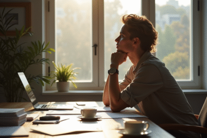 Personne concentrée au bureau avec lumière naturelle