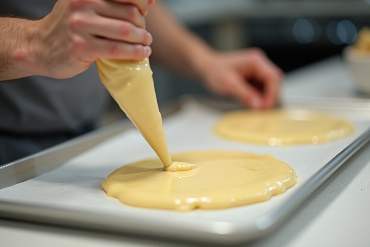 Chef pâtissier pipant la pâte à ladyfingers en gros plan