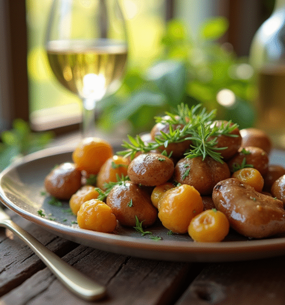 Plat de girolles avec vin blanc et herbes fraîches