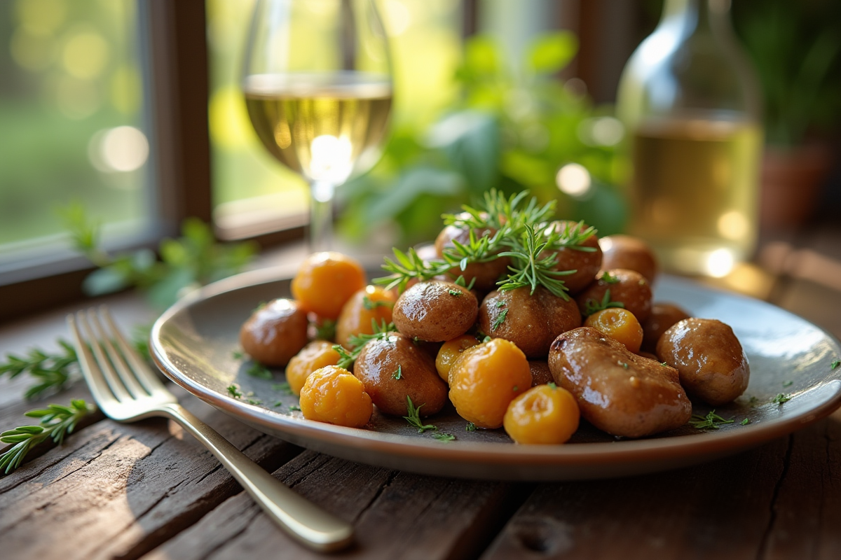 Plat de girolles avec vin blanc et herbes fraîches