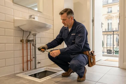 Plombier professionnel inspectant des canalisations dans une salle de bain d'appartement à Aulnay-sous-Bois