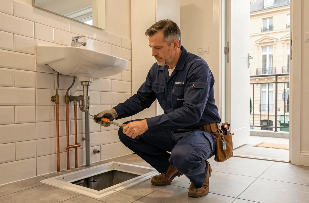 Plombier professionnel inspectant des canalisations dans une salle de bain d'appartement à Aulnay-sous-Bois