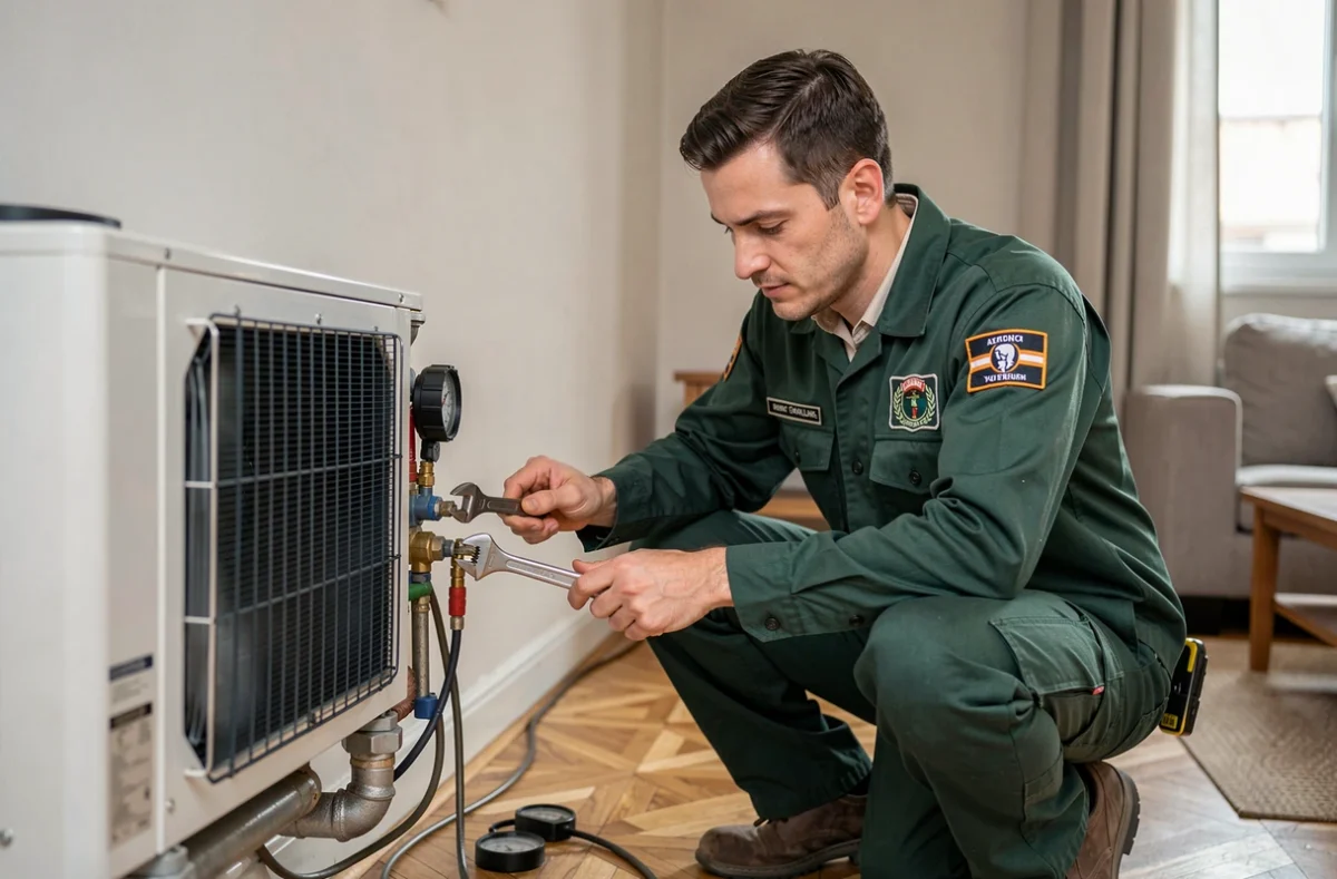 Technicien Plombier Chauffagiste Clim DPRG installant un système de climatisation dans un appartement
