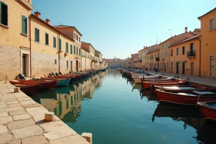 Quai du port de Sète avec bateaux de pêche traditionnels et façades colorées reflétées dans l'eau, lieu de tournage de Demain nous appartient