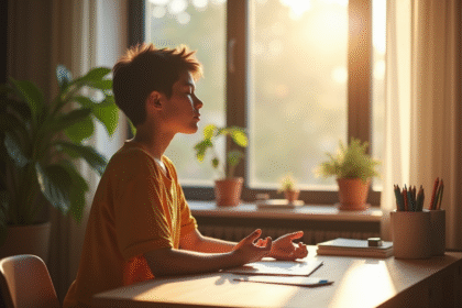 Jeune adulte pratiquant la pleine conscience près d'une fenêtre