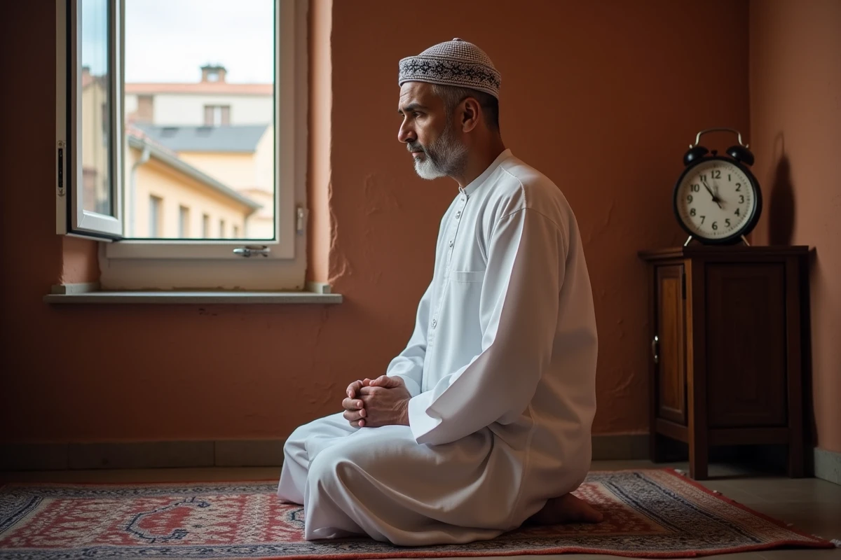Homme en djellaba blanche priant sur un tapis de prière dans un appartement de Toulouse en hiver, avec une horloge visible en arrière-plan
