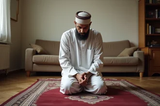 Homme en djellaba blanche effectuant la prière islamique sur un tapis de prière bordeaux dans un appartement de Valenciennes