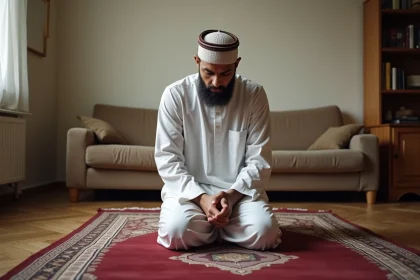Homme en djellaba blanche effectuant la prière islamique sur un tapis de prière bordeaux dans un appartement de Valenciennes