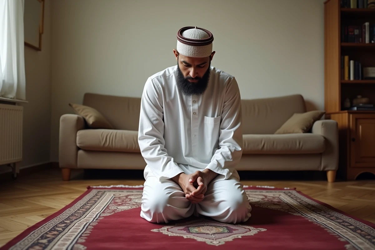 Homme en djellaba blanche effectuant la prière islamique sur un tapis de prière bordeaux dans un appartement de Valenciennes