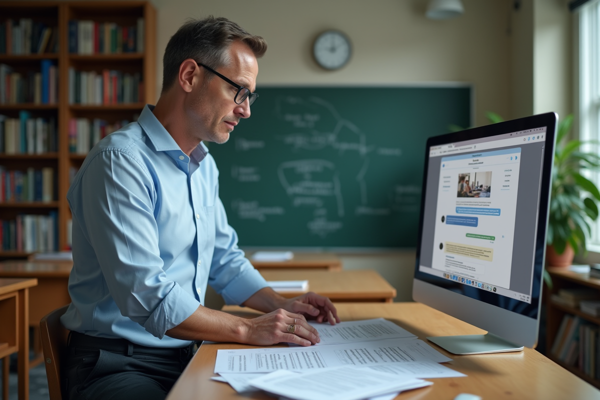 Professeur en classe analyse des essais avec ordinateur
