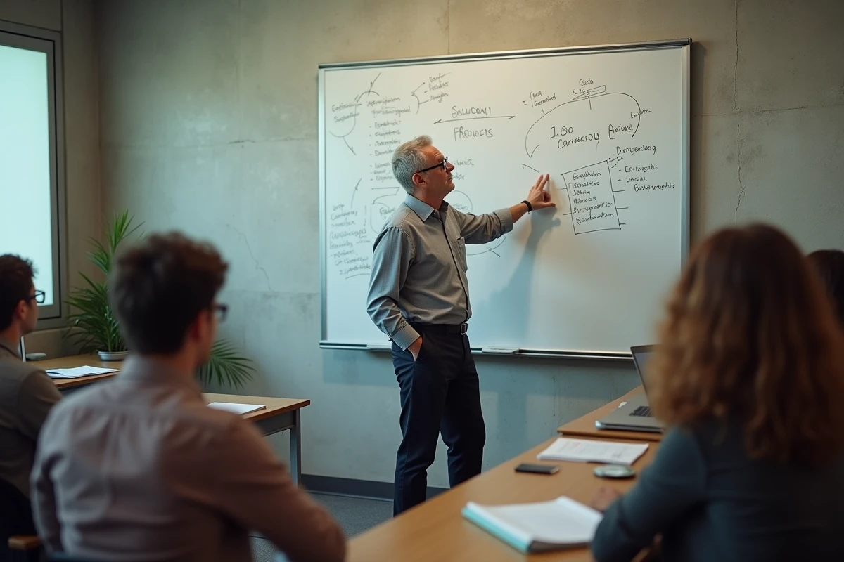 Professeur de sociologie expliquant les concepts du mouvement woke à des étudiants en master lors d'un séminaire universitaire