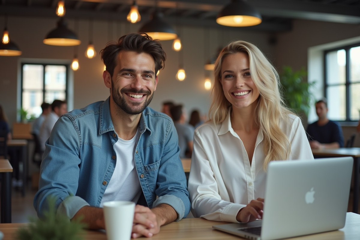 Deux jeunes professionnels dans un espace de coworking moderne