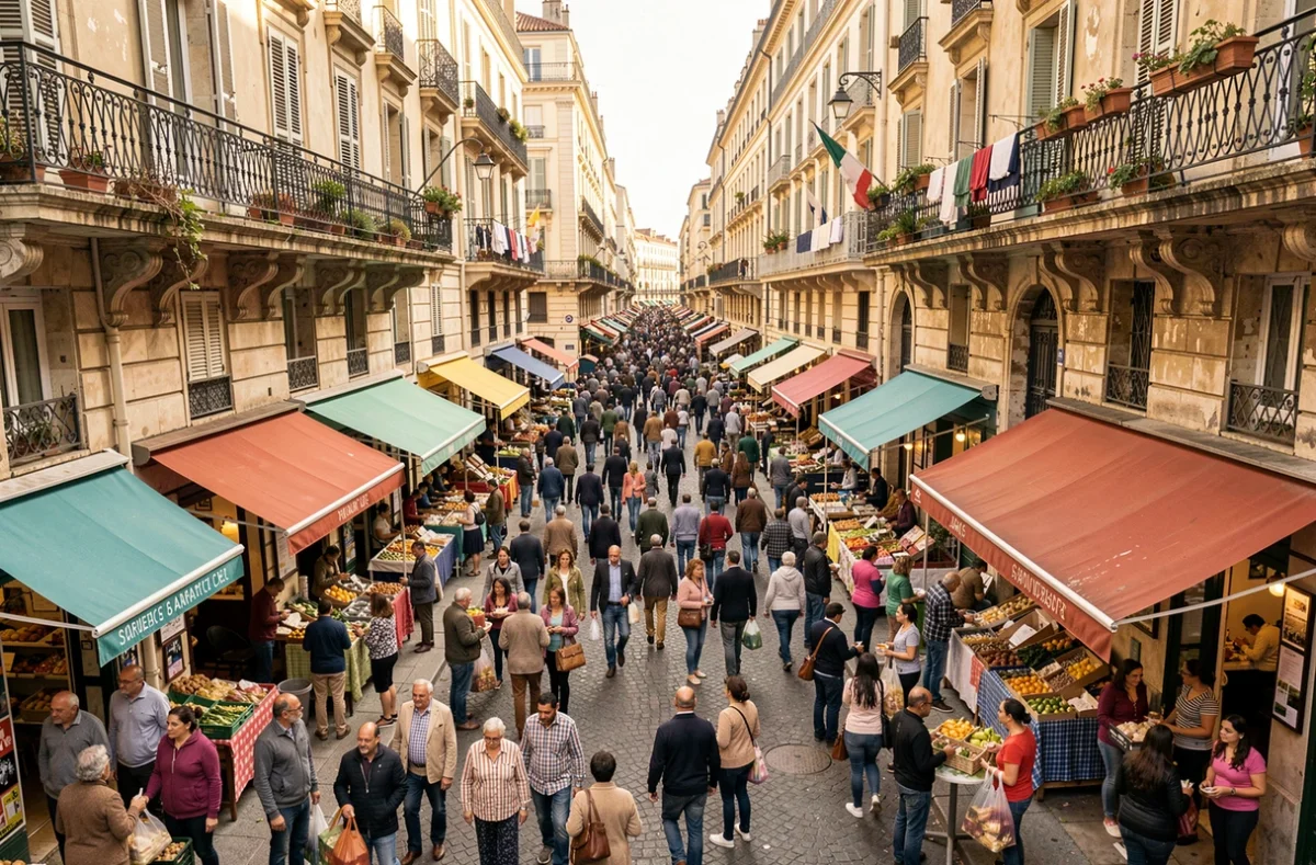 Rue animée d'un quartier populaire de Marseille avec une foule diverse de résidents illustrant la densité démographique de la ville