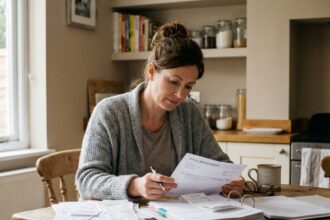 Femme consultant des documents de remboursement optique et des factures sur une table en bois avant la fin de l'année