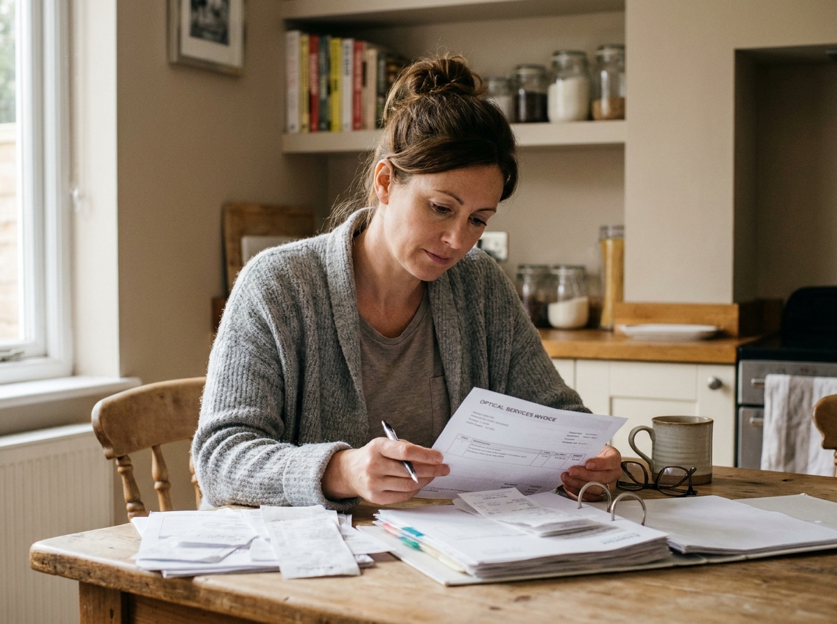Femme consultant des documents de remboursement optique et des factures sur une table en bois avant la fin de l'année