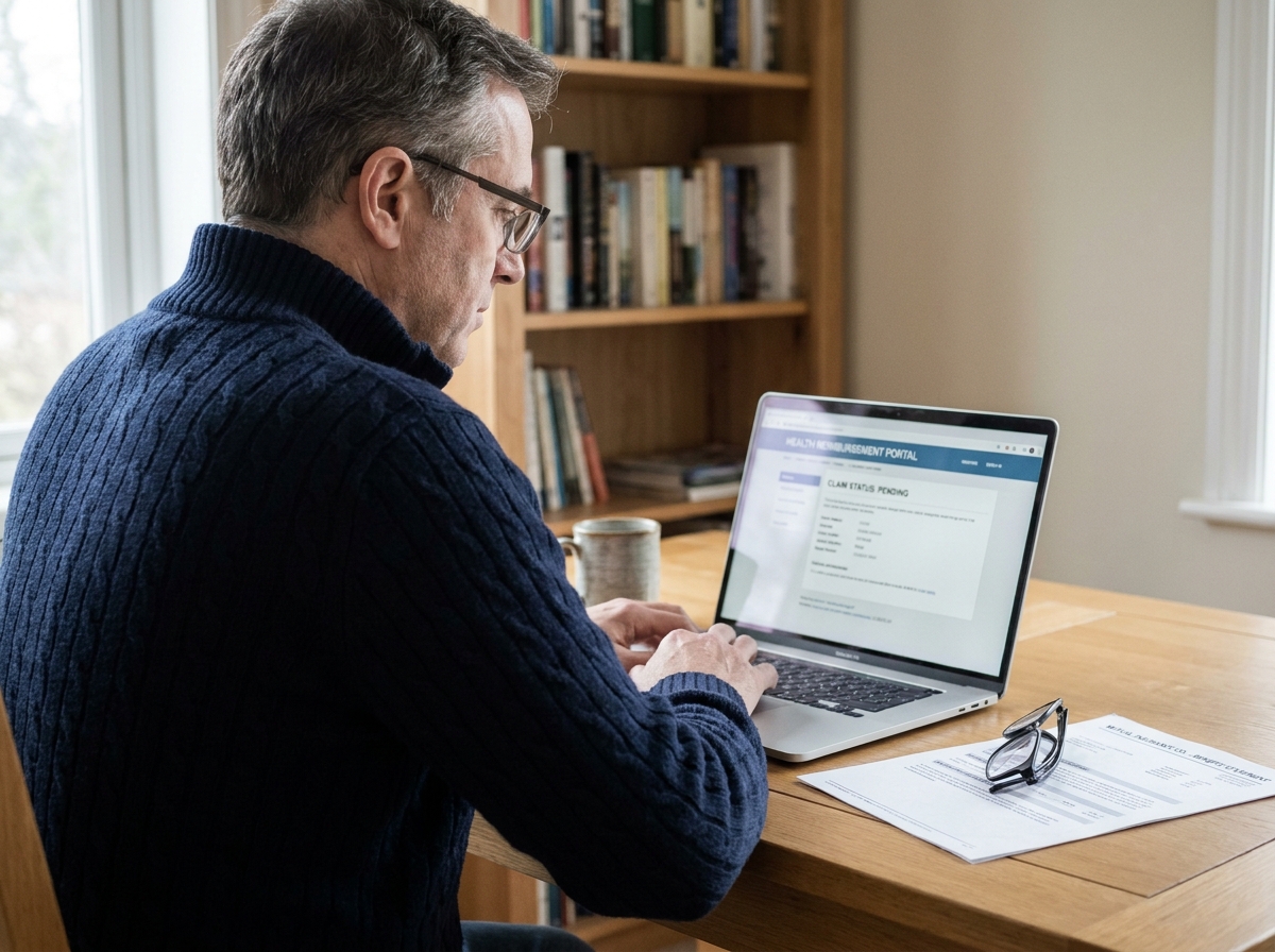 Personne effectuant une demande de remboursement optique en ligne sur un ordinateur portable avant la fin de l'année