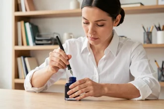 Femme remplissant un stylo plume avec de l'encre bleu marine sur un bureau en bois minimaliste, geste précis et soigné