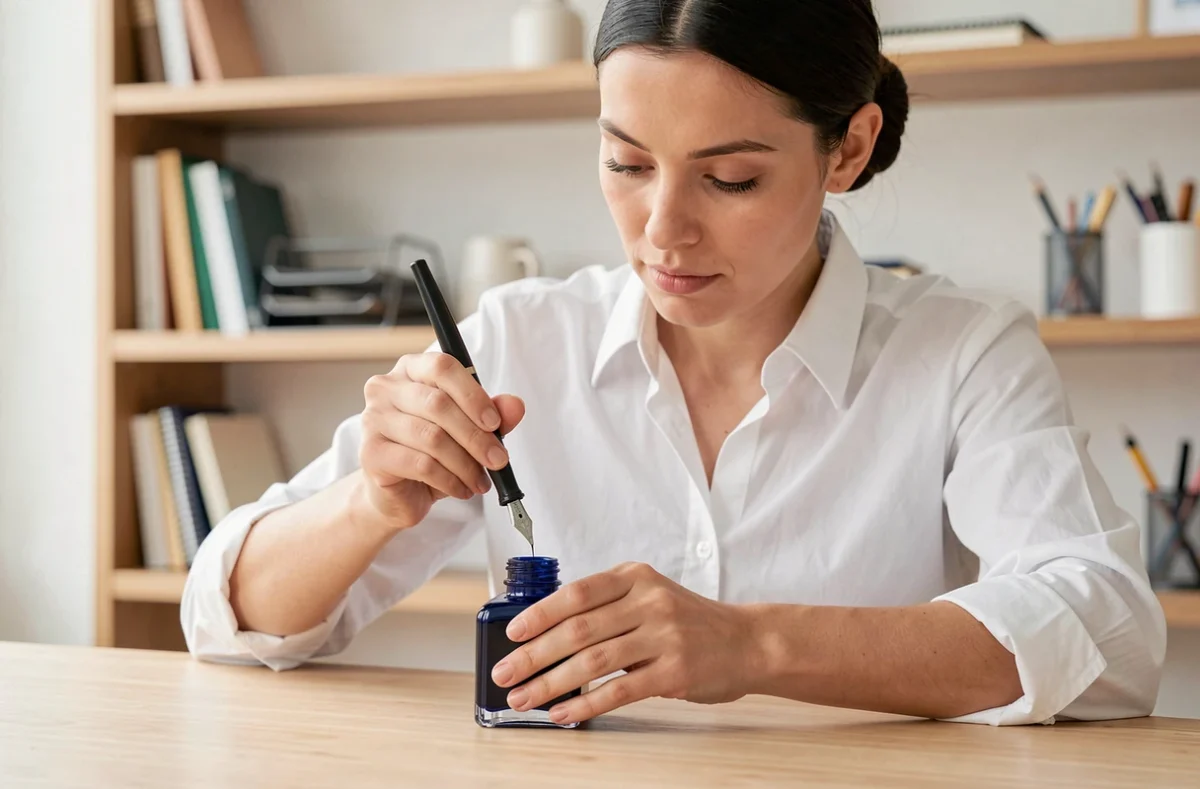 Femme remplissant un stylo plume avec de l'encre bleu marine sur un bureau en bois minimaliste, geste précis et soigné