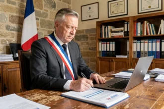 Maire français en costume avec écharpe tricolore, assis à son bureau municipal étudiant un document budgétaire, illustration de la rémunération des maires en 2026