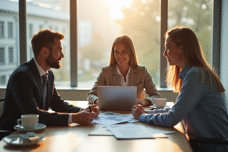 Jeune couple rencontrant un banquier dans un bureau moderne
