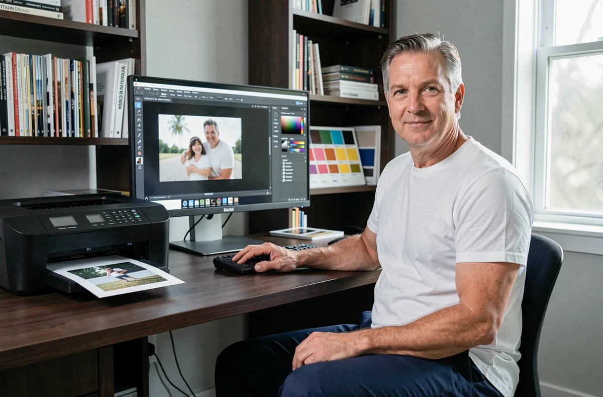 Retoucheur professionnel travaillant devant un écran étalonné avec une imprimante photo professionnelle dans un studio à domicile