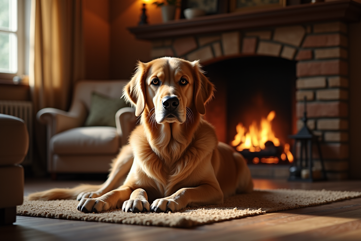 Golden retriever âgé reposant près de la cheminée chaleureuse
